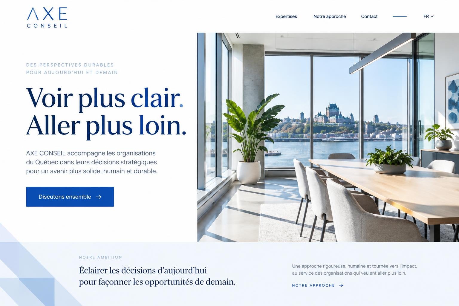 Concept de site corporatif Axe Conseil et son espace de bureau lumineux