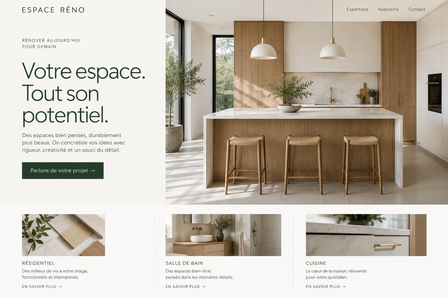 Concept de site Web de rénovation Espace Réno, avec une cuisine contemporaine